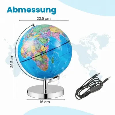 Světelný glóbus o průměru 23 cm s kovovým podstavcem, osvětlením, mapou Německa a mapou souhvězdí