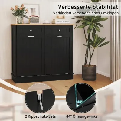 Skříňka na odpadkový koš se 2 dvířky, krájecí deskou, dřevěnou pracovní deskou a 2 zásuvkami, černá