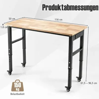 Dílenský stůl se zásuvkami a kolečky, výškově nastavitelný, mobilní garážový stůl s nosností až 150 kg