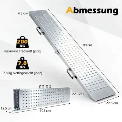 Skládací lehká kovová nakládací rampa, 2 kusy, nosnost až 400 kg, rozměry 180 x 22,5 x 4,5 cm