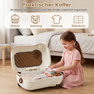 Pohyblivý kufřík pro batolata s kolečky, výklopnými bočními pedály a sedátkem, nosnost 25 kg, hnědý