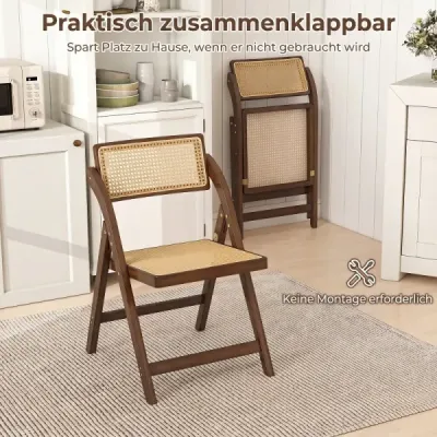 Sada 2 ratanových skládacích židlí s bambusovým rámem, kuchyňské židle ve stylu boho, nosnost 150 kg, ořech