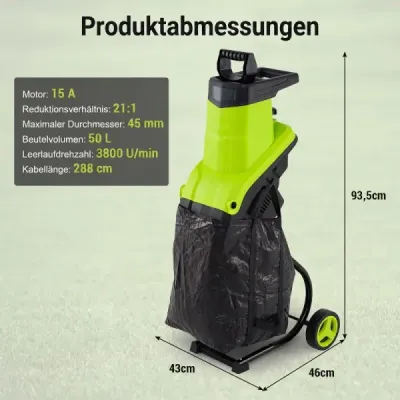 Elektrický zahradní drtič 2500 W s nožovým mechanismem pro větve do 45 mm, poměr drcení 21:1, zelená barva