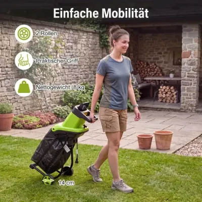 Elektrický zahradní drtič 2500 W s nožovým mechanismem pro větve do 45 mm, poměr drcení 21:1, zelená barva