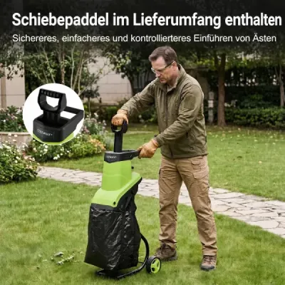 Elektrický zahradní drtič 2500 W s nožovým mechanismem pro větve do 45 mm, poměr drcení 21:1, zelená barva