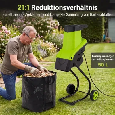 Elektrický zahradní drtič 2500 W s nožovým mechanismem pro větve do 45 mm, poměr drcení 21:1, zelená barva