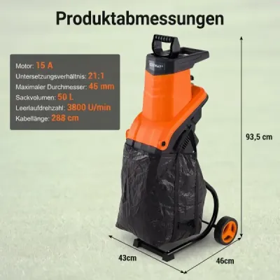 Elektrický zahradní drtič 2500 W, drtič s noži pro větve do 45 mm, poměr drcení 21:1, oranžový