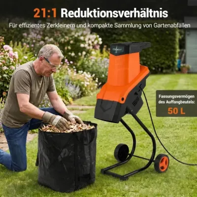Elektrický zahradní drtič 2500 W, drtič s noži pro větve do 45 mm, poměr drcení 21:1, oranžový
