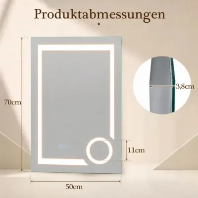 Koupelnové zrcadlo s osvětlením, ochranou proti zamlžování a trojnásobným zvětšením, 70 x 50 cm, stříbrné