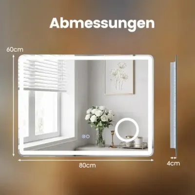LED koupelnové zrcadlo s osvětlením a integrovaným trojnásobným zvětšovacím zrcadlem, 80 x 60 cm