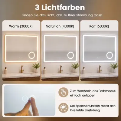 LED koupelnové zrcadlo s osvětlením a integrovaným trojnásobným zvětšovacím zrcadlem, 80 x 60 cm