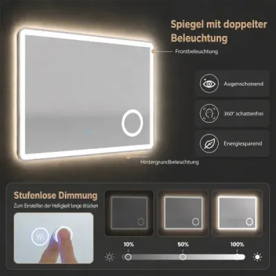 LED koupelnové zrcadlo s osvětlením a integrovaným trojnásobným zvětšovacím zrcadlem, 80 x 60 cm