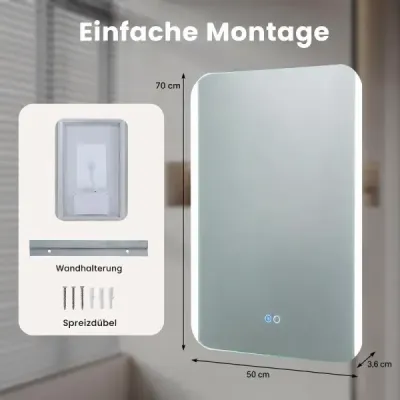 Koupelnové zrcadlo s LED osvětlením, 3 barvy světla, stmívatelné a plynulé nastavení jasu, 70 x 50 cm