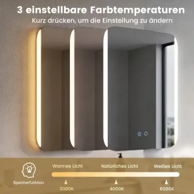 Koupelnové zrcadlo s LED osvětlením, 3 barvy světla, stmívatelné a plynulé nastavení jasu, 70 x 50 cm