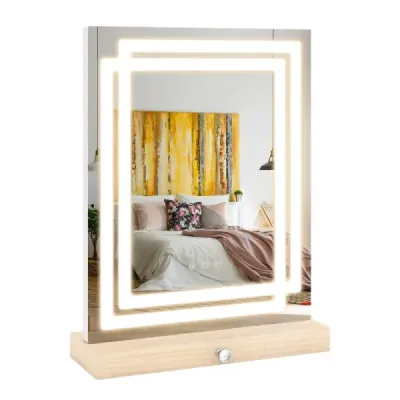 Kosmetické zrcadlo o rozměrech 41 × 50 cm s nastavitelným tříbarevným osvětlením, dotykovým ovládacím panelem a dřevěnou úložnou krabičkou