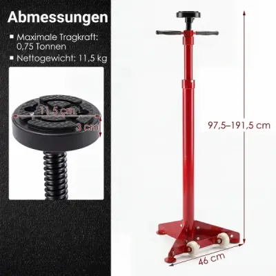 Podpěrný stojan s možností zvednutí 750 kg, výškově nastavitelný 97,5–191,5 cm, červený