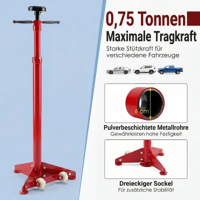 Podpěrný stojan s možností zvednutí 750 kg, výškově nastavitelný 97,5–191,5 cm, červený
