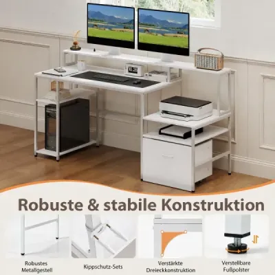 Počítačový stůl s nabíjecí stanicí a vyvýšeným stojanem na monitor, vícepatrový stůl, 166 x 60 x 88 cm, bílý