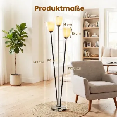 Stojací lampa 153 cm se 3 objímkami E27, čtecí lampa se 3 žárovkami a černým stínidlem
