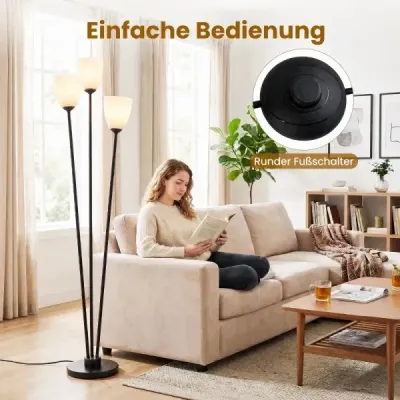 Stojací lampa 153 cm se 3 objímkami E27, čtecí lampa se 3 žárovkami a černým stínidlem
