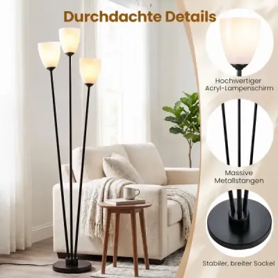Stojací lampa 153 cm se 3 objímkami E27, čtecí lampa se 3 žárovkami a černým stínidlem