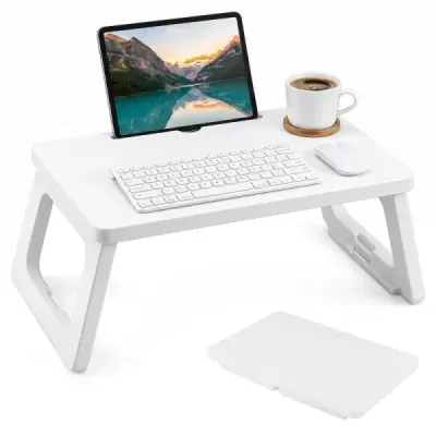 Postelový podnos se sklopnými nohami a drážkou na tablet – snídaňový stolek na jídlo a čtení, bílý