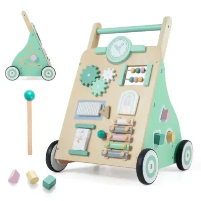 Dřevěný chodítko Baby Walker s herním centrem a kolečky – pomůcka pro chůzi pro děti od 18 měsíců