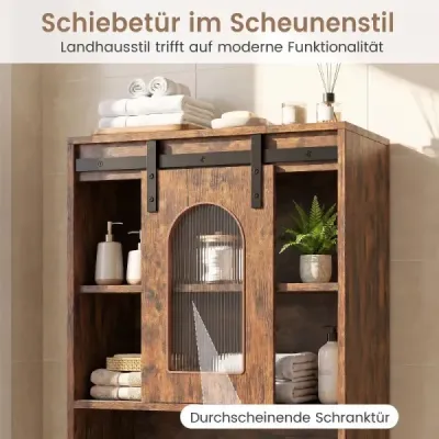 Koupelnová skříňka ve venkovském stylu s posuvnými dvířky a otevřeným prostorem, 60 x 30 x 150 cm, Kaffee