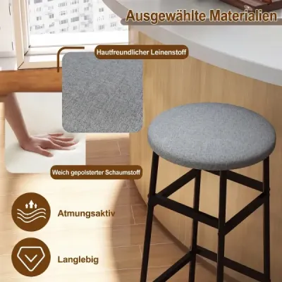 Sada 2 barových židlí, kulatá lněná barová židle s podnožkou, kuchyňská židle s kovovým rámem, sivá
