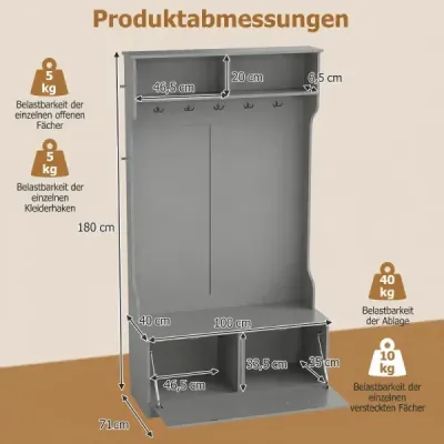 Šatní stojan s otevřenou odkládací plochou, botník se 2 přihrádkami a 5 háčky, šedý