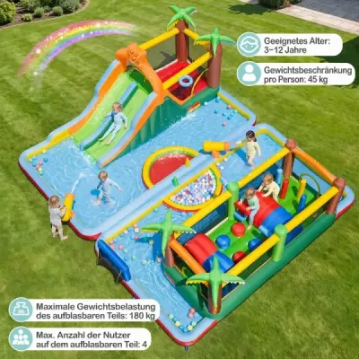 Nafukovací vodní park pro děti, skákací hrad se 2 skluzavkami, skákací plocha, lezecká stěna a hra s hodem kroužky