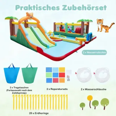 Nafukovací vodní park pro děti, skákací hrad se 2 skluzavkami, skákací plocha, lezecká stěna a hra s hodem kroužky