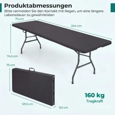 Skládací zahradní stůl 244 x 75 cm, kempingový stůl s rukojetí, XXL pro 10 osob, černý