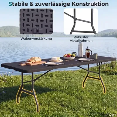 Skládací zahradní stůl 244 x 75 cm, kempingový stůl s rukojetí, XXL pro 10 osob, černý