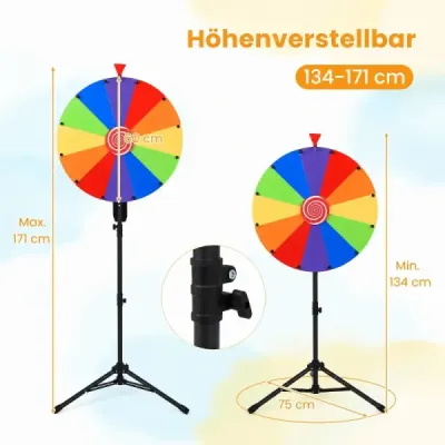 Koleso štestí o průměru 75 cm s 12 omyvatelnými sekcemi. Nastavitelná výška od 134 do 171 cm. Vícebarevné.