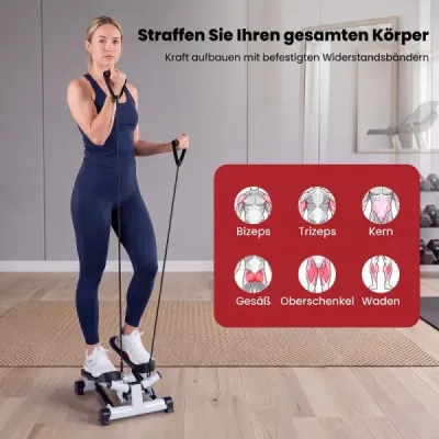 Mini stepper pro domácí použití s odporovými pásky, nosnost až 75 kg, rozměry 37 x 39,5 x 23,5 cm