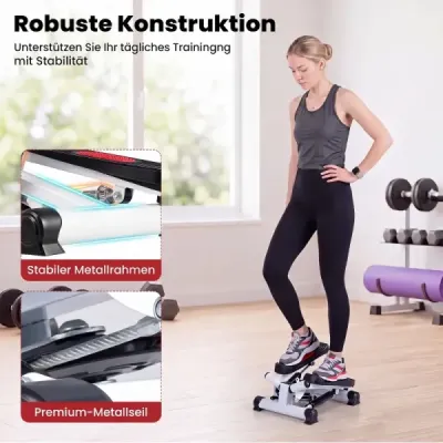 Mini stepper pro domácí použití s odporovými pásky, nosnost až 75 kg, rozměry 37 x 39,5 x 23,5 cm