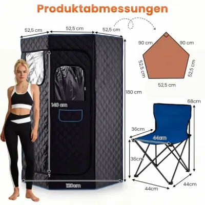 Parná sauna – přenosná domácí sauna s 9 teplotními stupni, saunový stan s dálkovým ovládáním a časovačem, černá