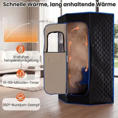 Parná sauna – přenosná domácí sauna s 9 teplotními stupni, saunový stan s dálkovým ovládáním a časovačem, černá