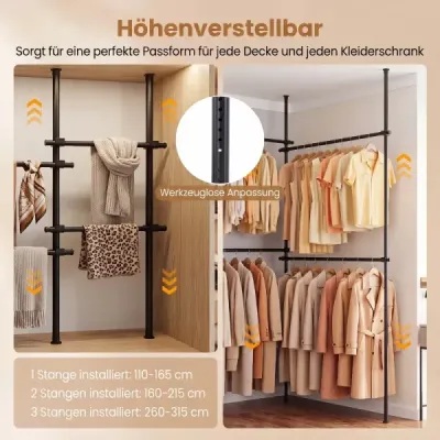 Teleskopický věšák na oblečení, výškově a šířkově nastavitelný, kovový věšák na oblečení se 4 tyčemi, černý