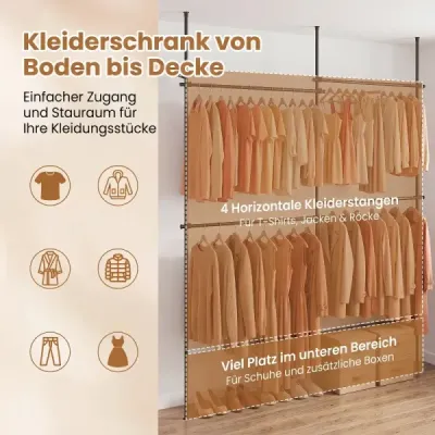 Teleskopický věšák na oblečení, výškově a šířkově nastavitelný, kovový věšák na oblečení se 4 tyčemi, černý