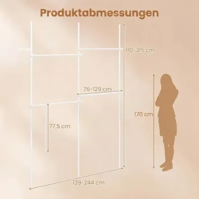 Teleskopický věšák na oblečení, výškově a šířkově nastavitelný, kovový věšák na oblečení se 4 tyčemi, bílý