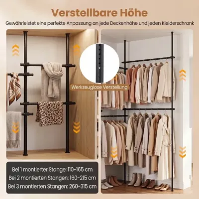 Teleskopický věšák na oblečení, výškově a šířkově nastavitelný, kovový věšák na oblečení se 6 tyčemi, černý