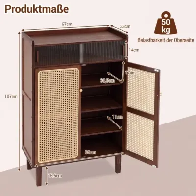 Skříň na boty z bambusu se 2 ratanovými dvířky, protiskluzovými nožičkami a 6 policemi, 67 x 33 x 107 cm, hnědá