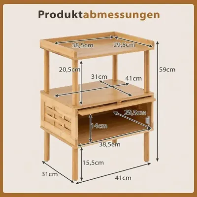 Noční stolek z bambusu s otevřenou policí a výklopnými dvířky s magnetickým uzávěrem, 41 x 31 x 59 cm, přírodní
