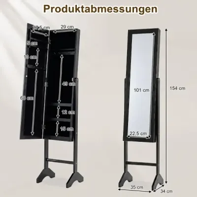 Skříňka na šperky 2 v 1 s robustním dřevěným rámem, celotělovým zrcadlem a 3 policemi, 35 x 34 x 154 cm, černá