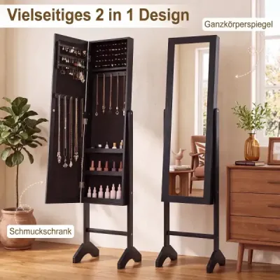 Skříňka na šperky 2 v 1 s robustním dřevěným rámem, celotělovým zrcadlem a 3 policemi, 35 x 34 x 154 cm, černá