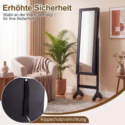 Skříňka na šperky 2 v 1 s robustním dřevěným rámem, celotělovým zrcadlem a 3 policemi, 35 x 34 x 154 cm, černá