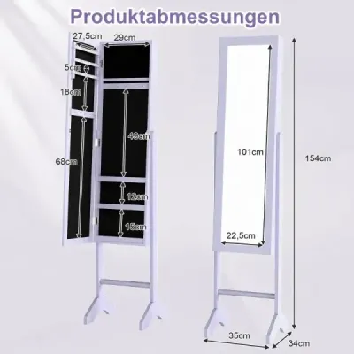 Skříňka na šperky 2 v 1 s robustním dřevěným rámem, celotělovým zrcadlem a 3 policemi, 35 x 34 x 154 cm, fialová