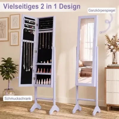 Skříňka na šperky 2 v 1 s robustním dřevěným rámem, celotělovým zrcadlem a 3 policemi, 35 x 34 x 154 cm, fialová